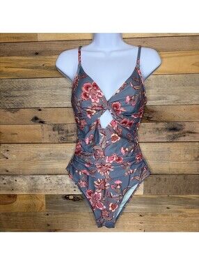 Cupshe Swimsuit Womens Med NWT One Piece Grey Pink Floral Stomach Keyhole Flawed